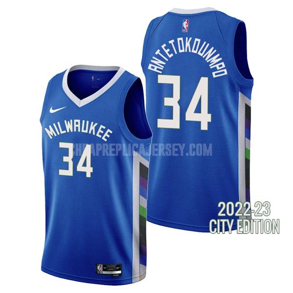 2022-23 men's milwaukee bucks giannis antetokounmpo 34 blue city edition replica jersey