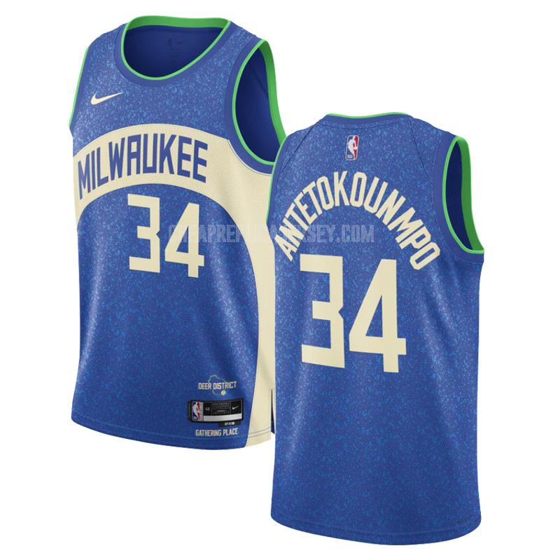 2023-24 men's milwaukee bucks giannis antetokounmpo 34 blue city edition replica jersey